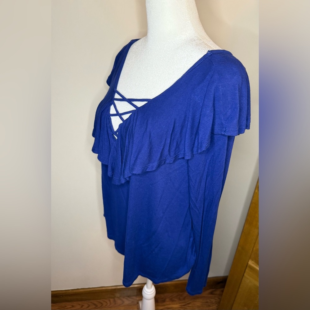 Active USA Royal Blue Ruffle Criss-Cross Long Sleeve Top - Size M